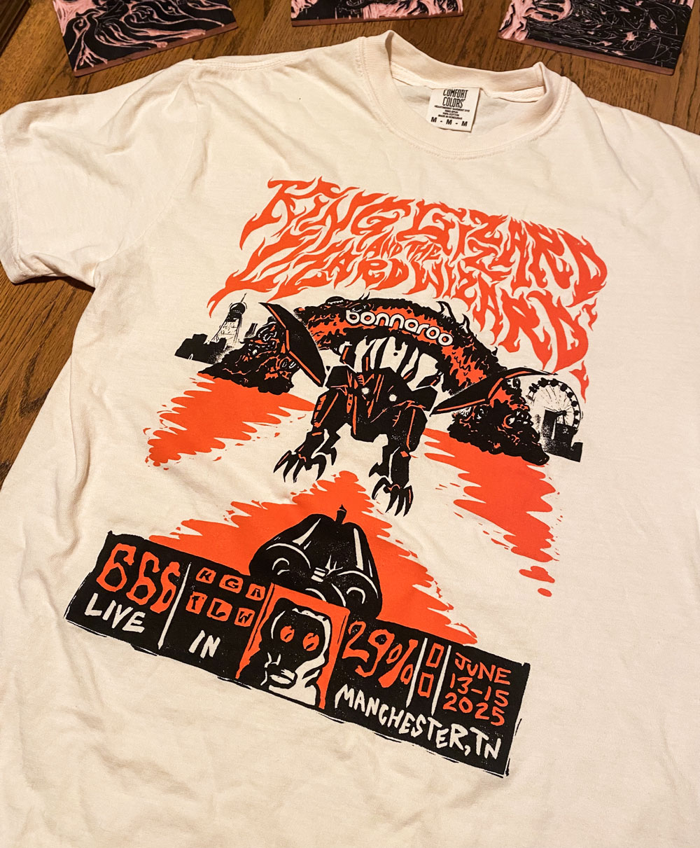 A shirt with a design depicting a Doom game-like interface with robot dragon in a destroyed city with a shotgun pointed at it with the text King Gizzard and the Lizard Wizard on top.