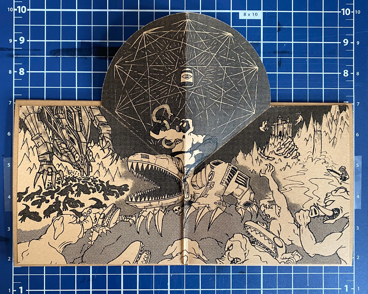 A CD Case pop-up centerfold depicting a man in a hazmat suit riding a robot lizard fighting off a rattlesnake while an army of robot lizards and pig-men approach him.